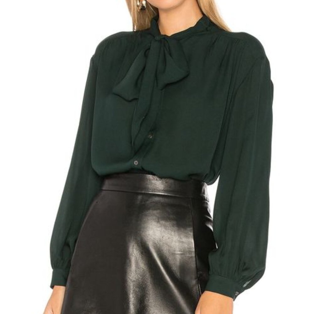 Joie Esti Tie-Neck Silk Blouse Autumn Green Sz XS